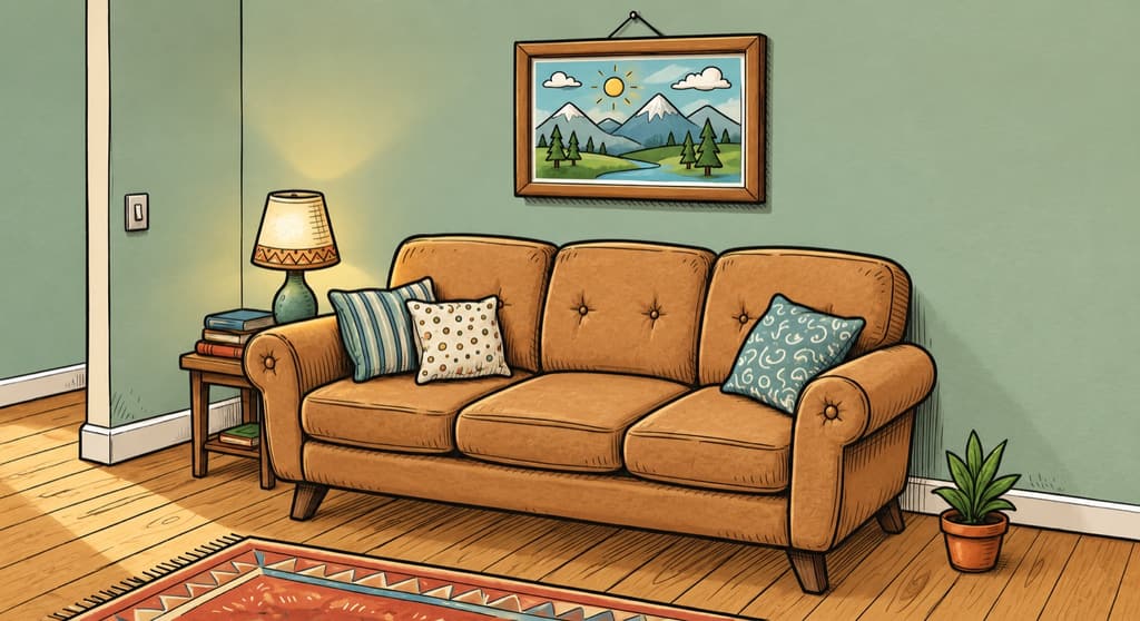 Illustration eines Wohnzimmers mit braunem Sofa, Stehlampe und Landschaftsbild vor salbeigrüner Wand