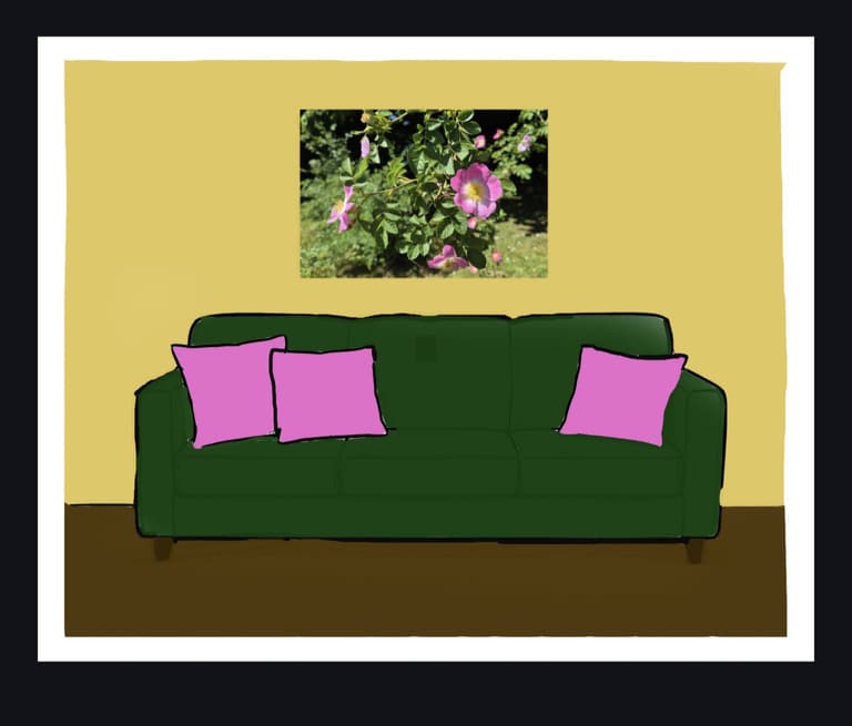 Visualisierung: grünes Sofa vor gelber Wand mit Rosenbild